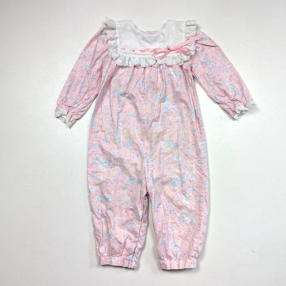 Vintage Peaches N Cream Romper Jumpsuit Size 24m Pink Floral Bib Lace - Picture 1 of 4